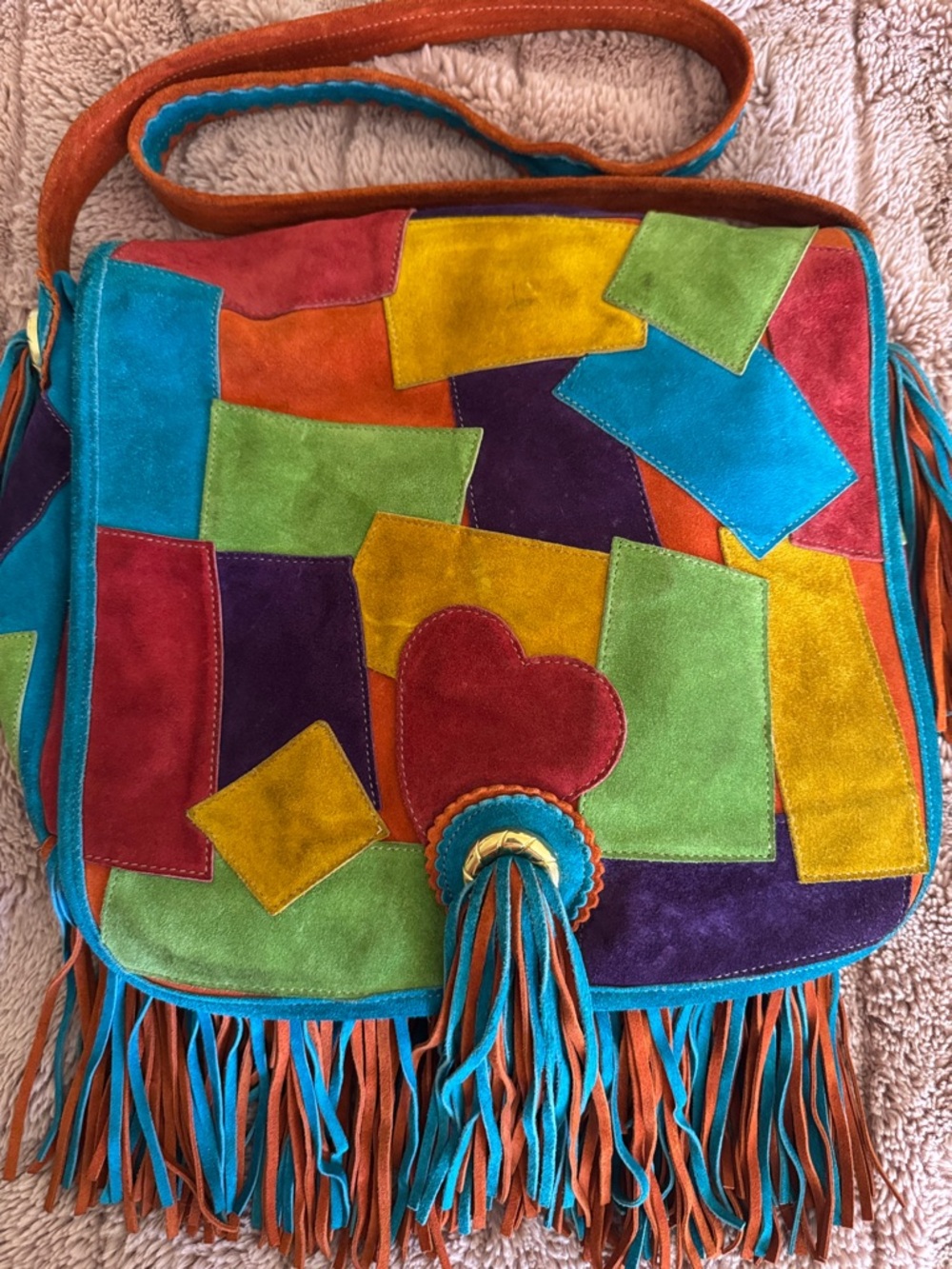 Moschino Redwall 1990s Rainbow Suede Leather Tassle Fringe Crossbody Bag